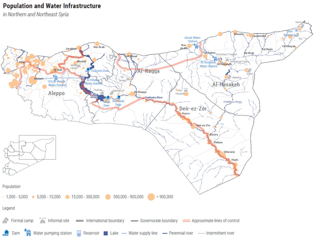 Kartta Syyrian koillisosasta. Karttaan merkitty symbolein asutuskeskukset, joet ja vesiputket.