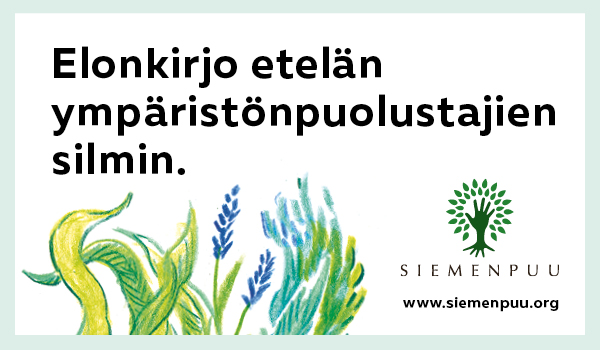 Mainos tai banneri, jossa tekstin "Elonkirjo etelän ympäristönpuolustajien silmin" lisäksi on piirreetyvä kasvien osia ja Siemenpuun logo.