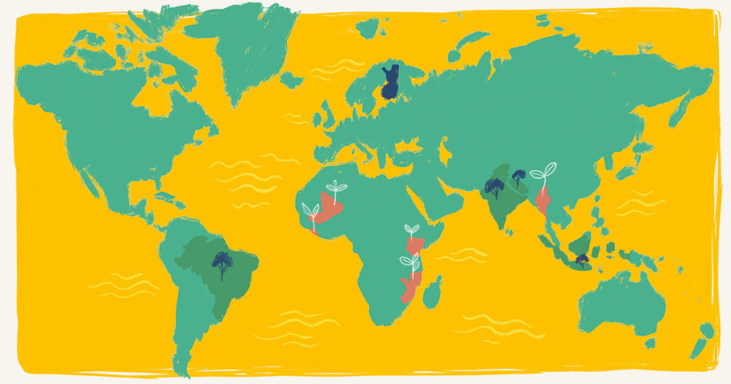 Illustrated world map, where some countries in different continents are highlighted with another colours and pictures of trees and saplings.