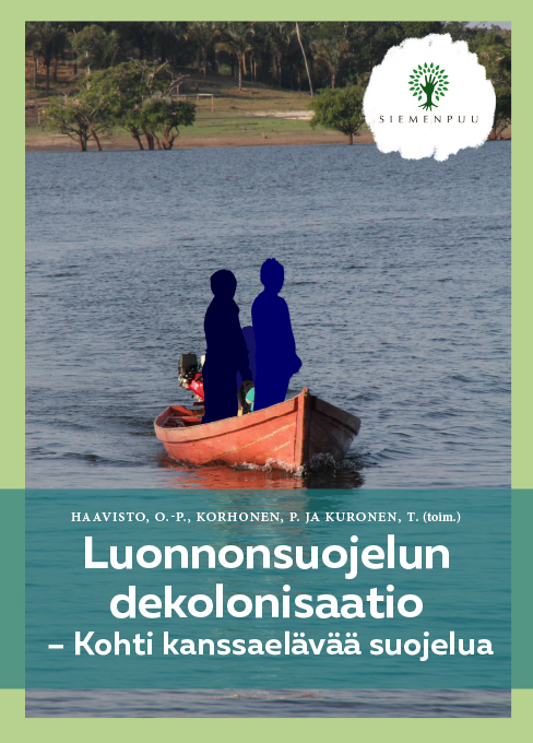 Book cover. In the cover photo, blue characters are standing in a small red boat.