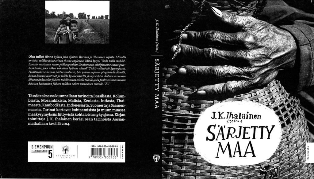 Black and white book cover. In cover photo, old person's hand holds a bamboo basket.