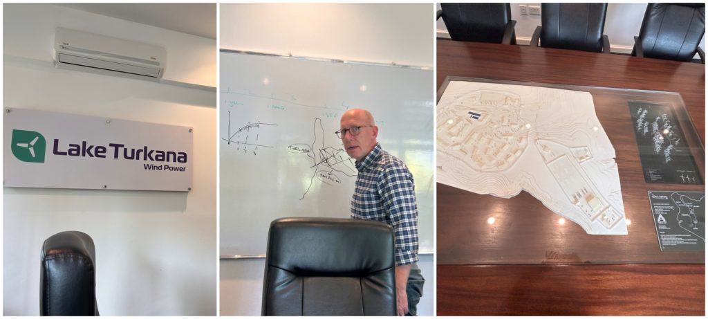 Collage of photos from a windpower company office showing the company logo, white man in front of whyteboard, and a miniature model.