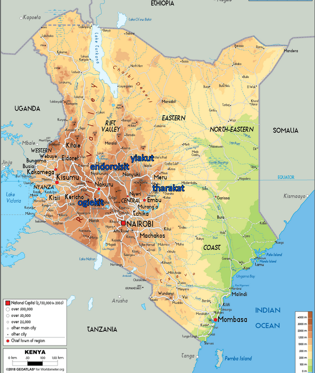 Kenian kartta, jossa paikkakuntien rinnalle on merkitty muutaman alkuperäiskansan sijainti.