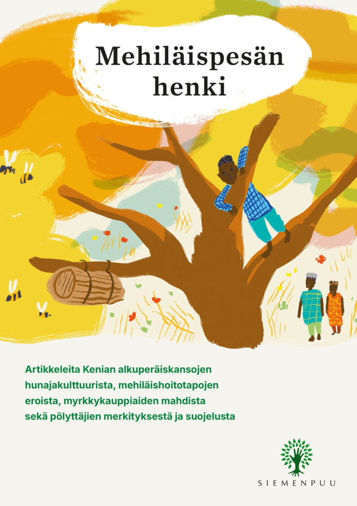 Julkaisun kansisivu, jossa otsikko ja muuta tekstiä sekä piirroskuva, jossa afrikkalainen poika tai mies kiipeää puuhun, jonka oksalla roikkuu perinteinen mehiläispesä.